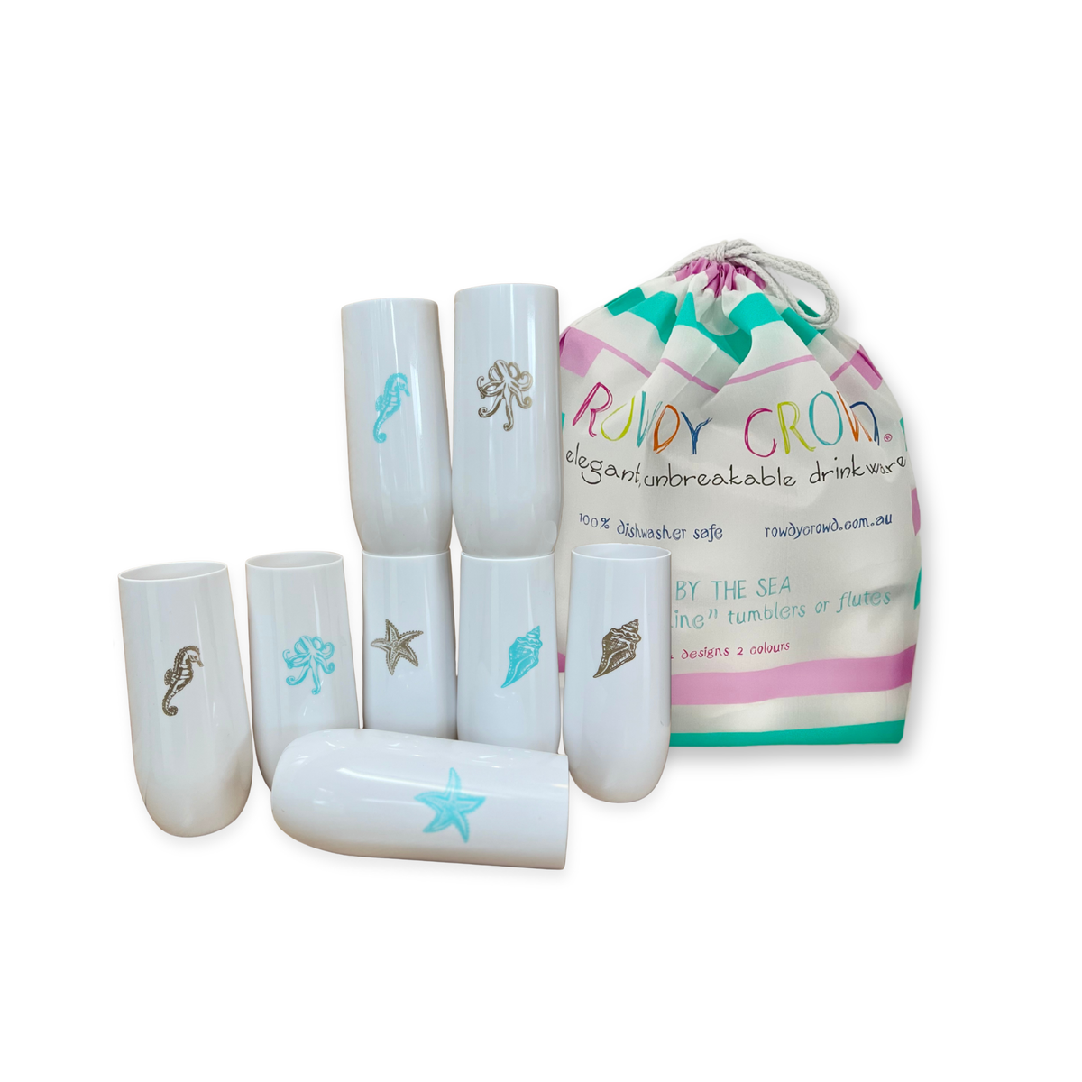 All White 8 Printed Champagne Packs - Rowdy By The Sea