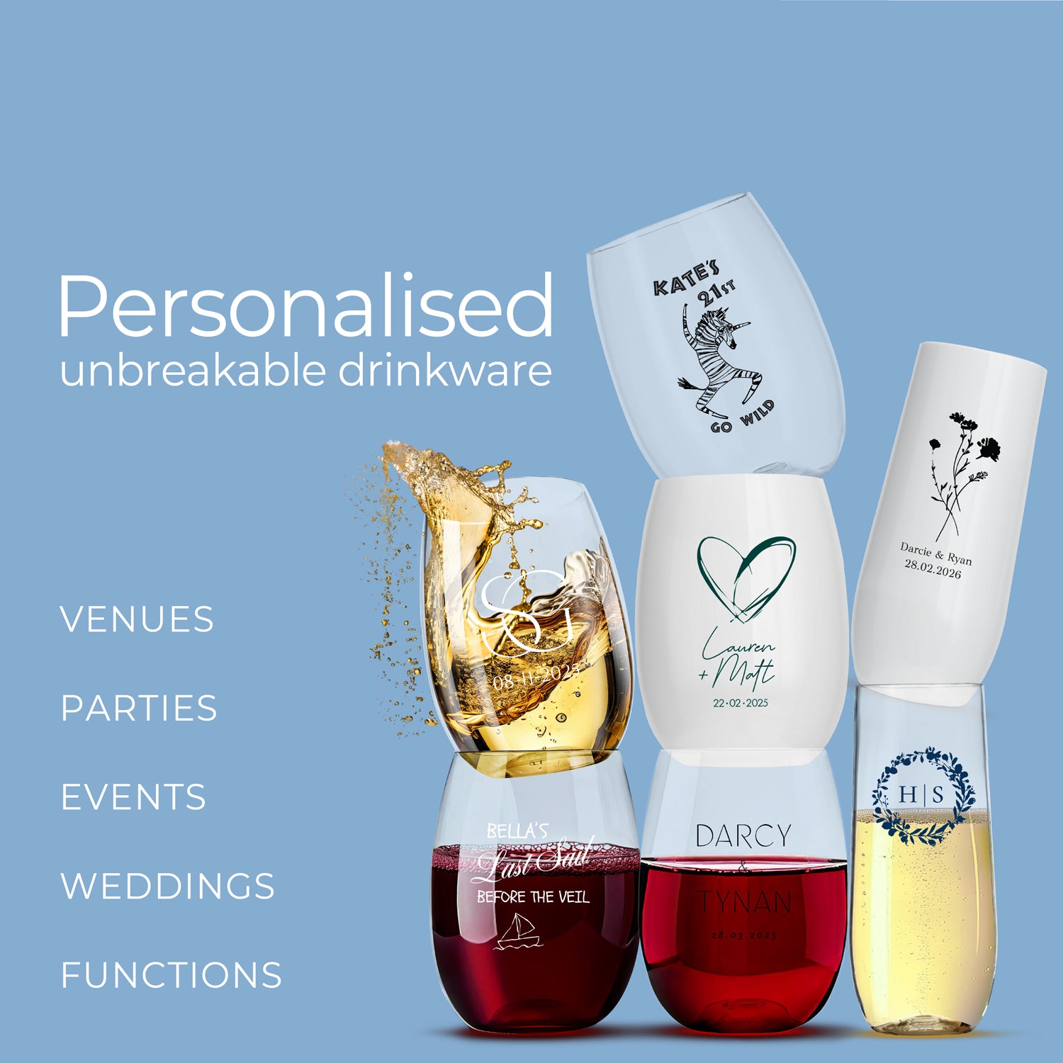 Personalised unbreakable drinkware for venues parties events weddings functions