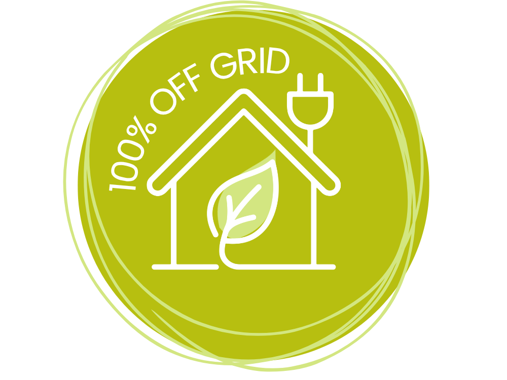 A circular green badge with white line art of a house, a leaf, and a power plug, with the text '100% OFF GRID' on a white background.