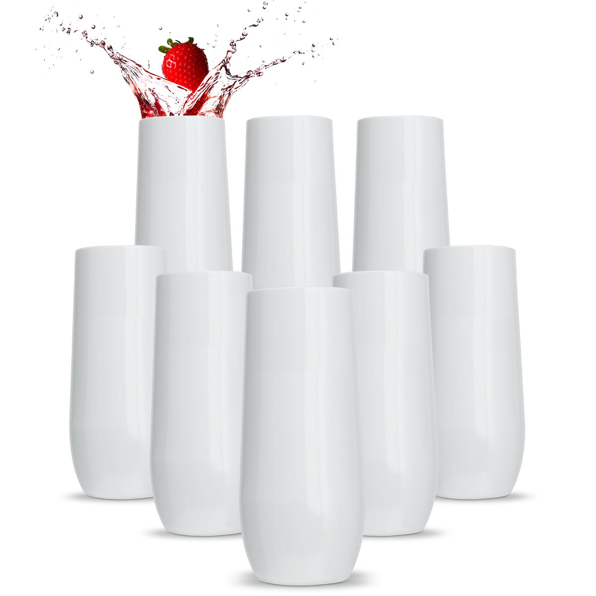8 White Champagne Flutes unbreakable reuseable elegant