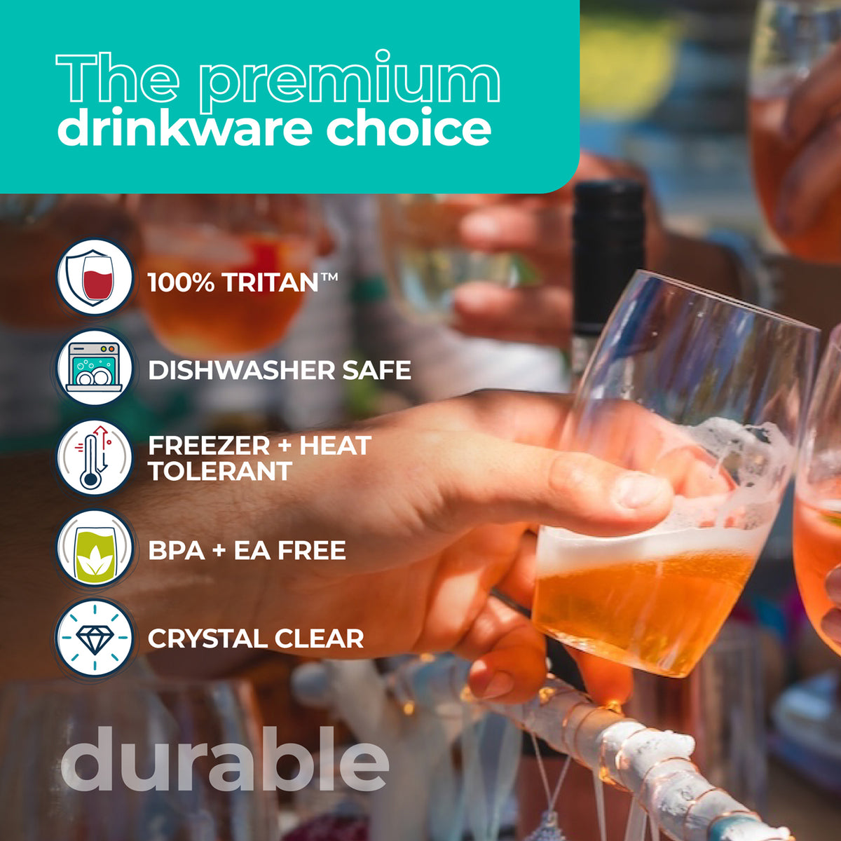 Beer Schooners featuring 100% Tritan, dishwasher safe, freeze-and-heat tolerant, BPA and EA free,  crystal clear and durable.