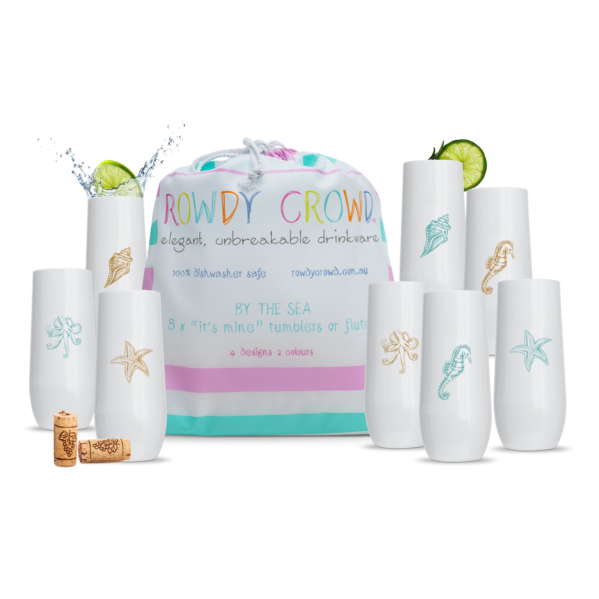 All White 8 Printed Champagne Packs - Rowdy By The Sea