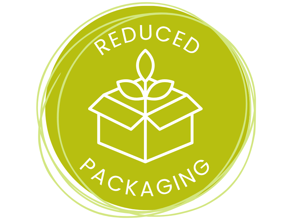 A circular lime-green graphic with white line art of an open box and leaves, surrounded by the words 'REDUCED PACKAGING' on a white background.