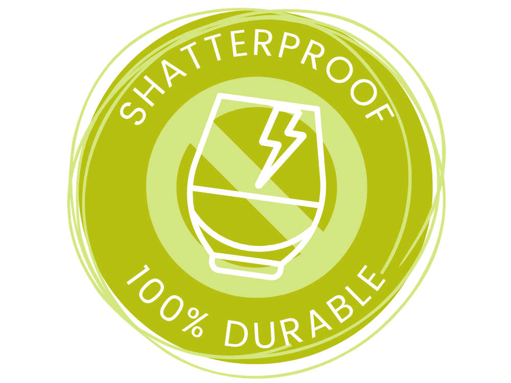 A circular lime green badge with white text reading 'SHATTERPROOF 100% DURABLE' and a white outline icon of a cracked glass with a lightning bolt, on a white background.